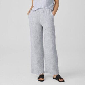 Eileen Fisher linen wide leg crinkle  pants black white stripe ankle new Large